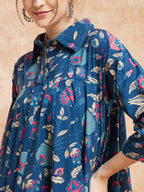 InWeave Women's Blue Pink Kalamkari Flared Dress - Distacart