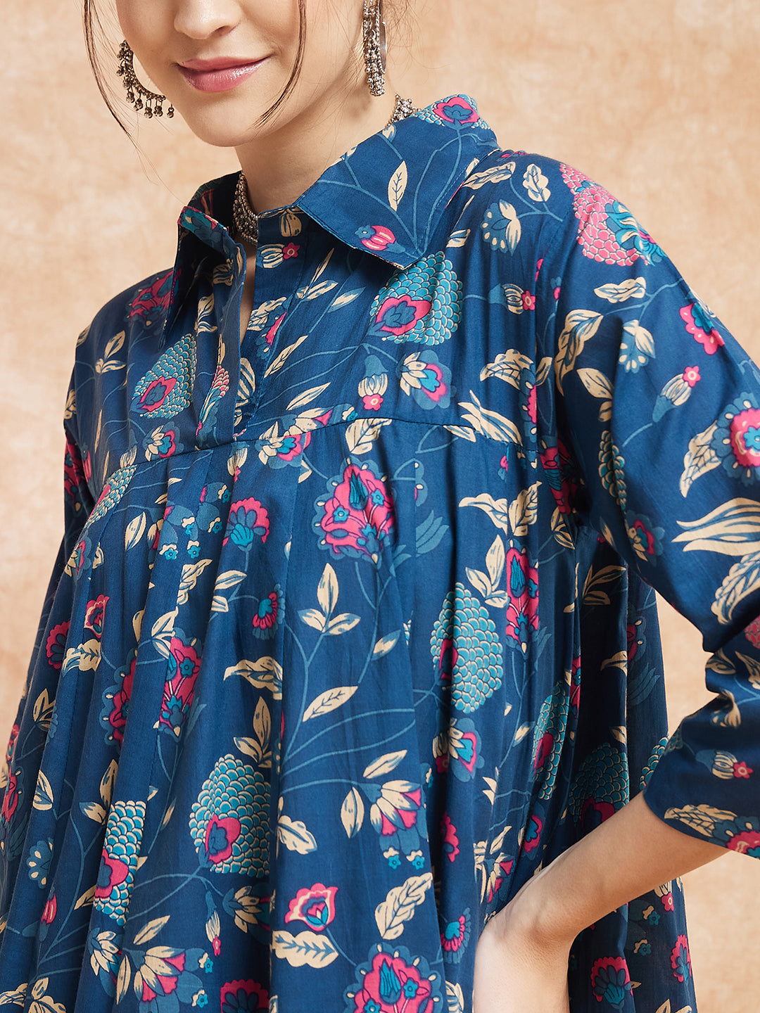 InWeave Women's Blue Pink Kalamkari Flared Dress - Distacart