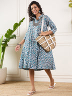 InWeave Aqua Blue Floral Grey Jaal Collar Flared Dress - Distacart