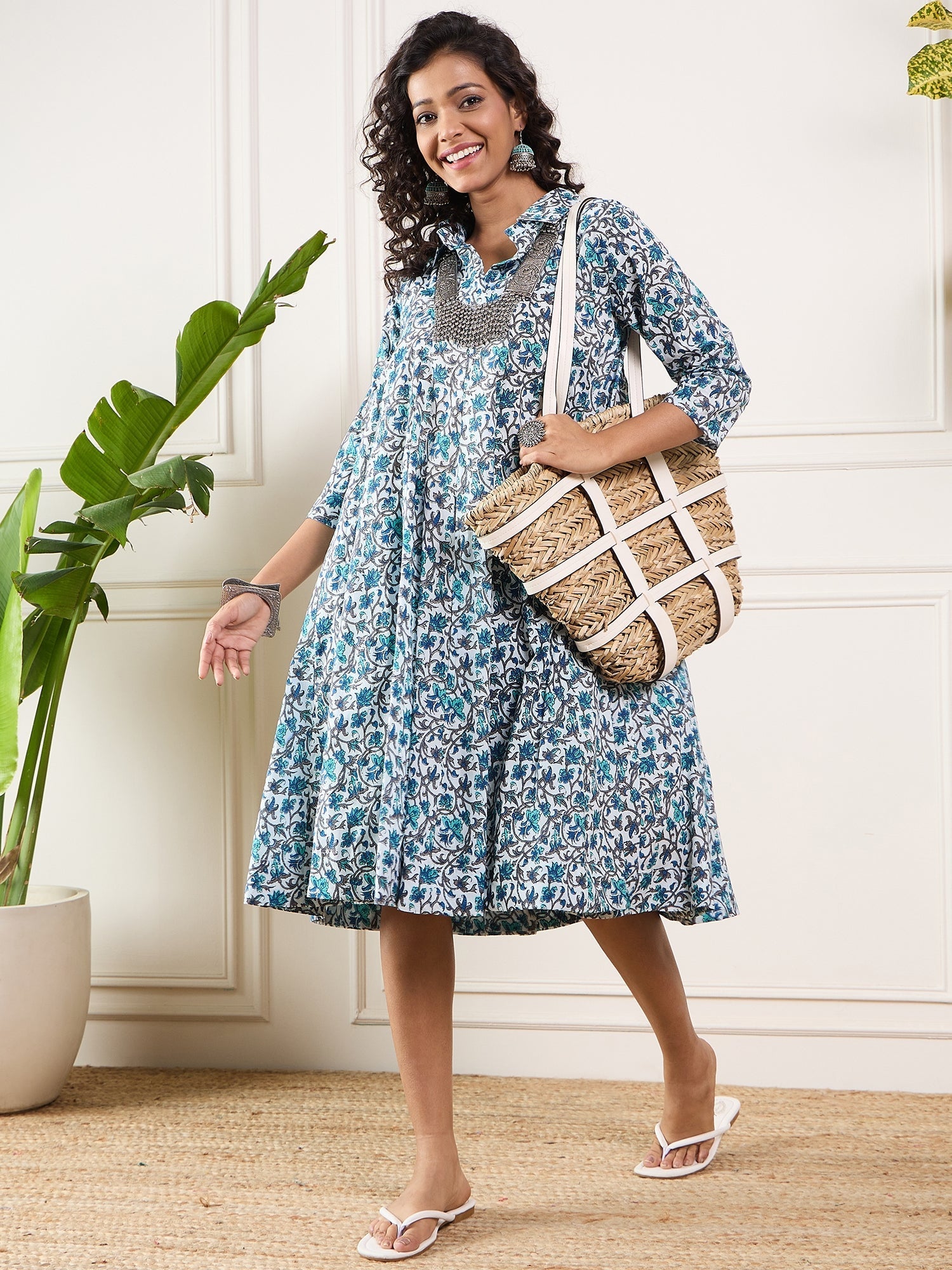 InWeave Aqua Blue Floral Grey Jaal Collar Flared Dress - Distacart