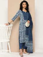 KSUT (House of Varanga) Blue And White Cotton Printed Yoke Design Kurta Paired With Printed Dupatta And Trouser - Distacart