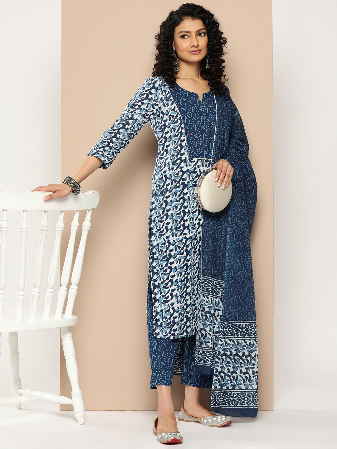 KSUT (House of Varanga) Blue And White Cotton Printed Yoke Design Kurta Paired With Printed Dupatta And Trouser - Distacart