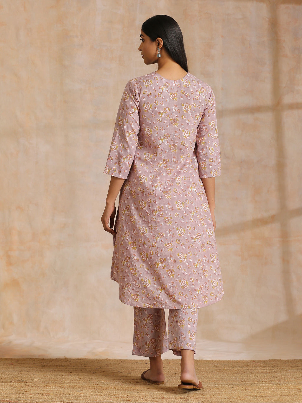 trueBrowns Grey Overall Floral Block Print Cotton Flared Slit Kurta Pant Set | Relove - Distacart