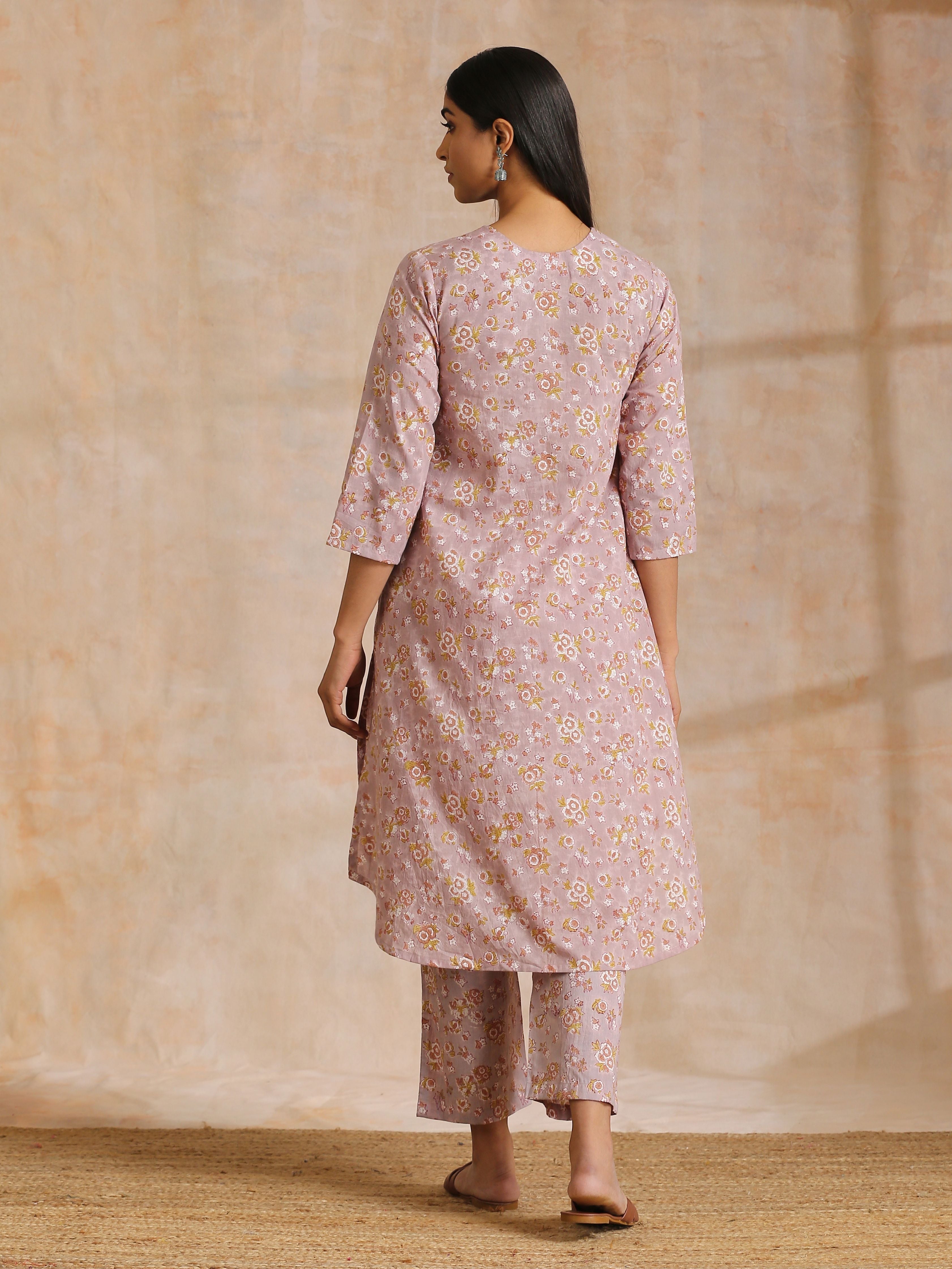 trueBrowns Grey Overall Floral Block Print Cotton Flared Slit Kurta Pant Set | Relove - Distacart
