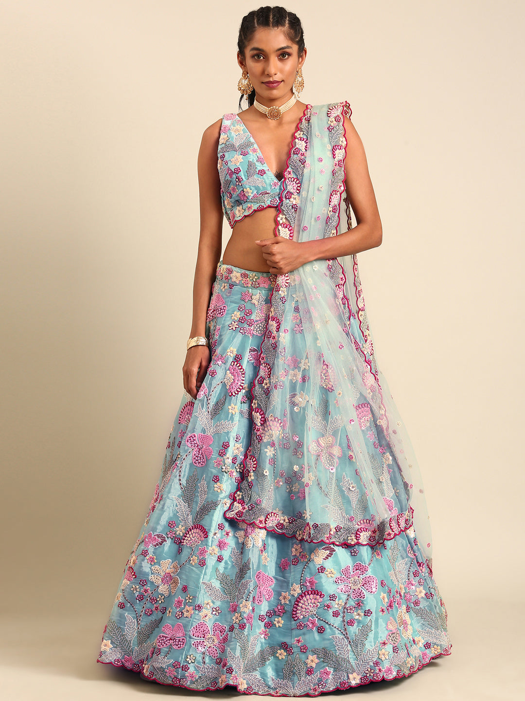 House of Panchhi Turquoise Blue Organza Sequins And Zarkan Embroidery Lehenga Choli & Dupatta
