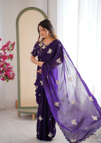 Evanik Purple Mos Silk With Handwork Butterfly Design Saree With Unstitched Blouse - Distacart