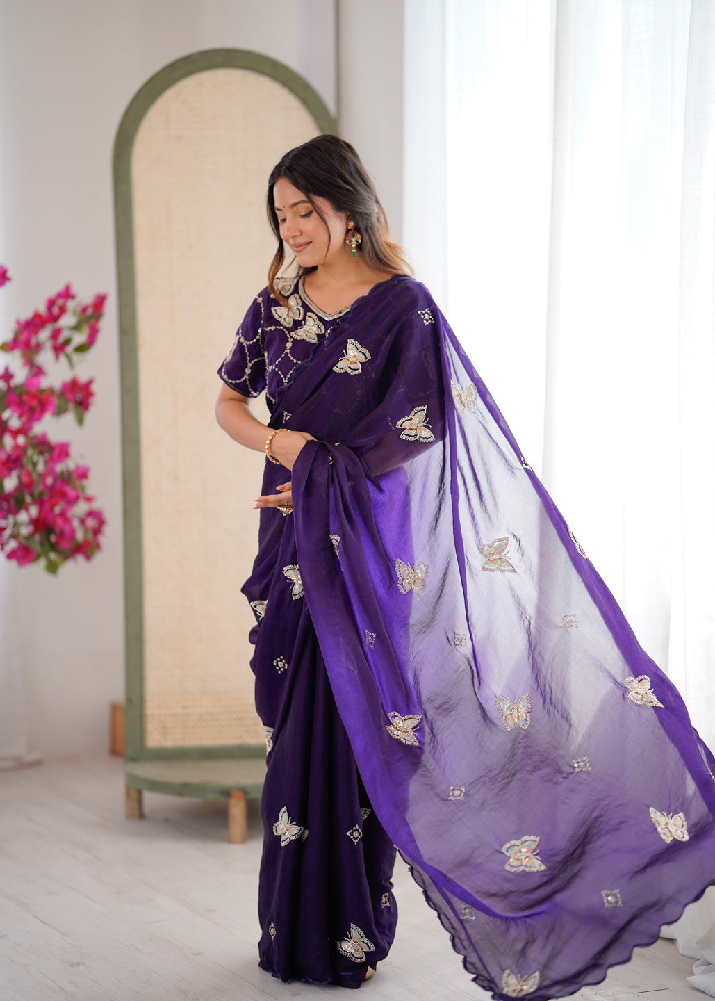 Evanik Purple Mos Silk With Handwork Butterfly Design Saree With Unstitched Blouse - Distacart