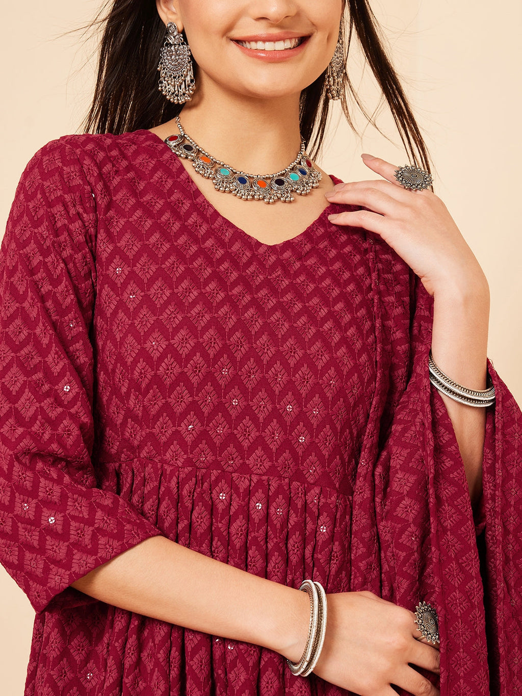 InWeave Women's Maroon Chikankari Long Anarkali Kurta Palazzo Set W Dupatta