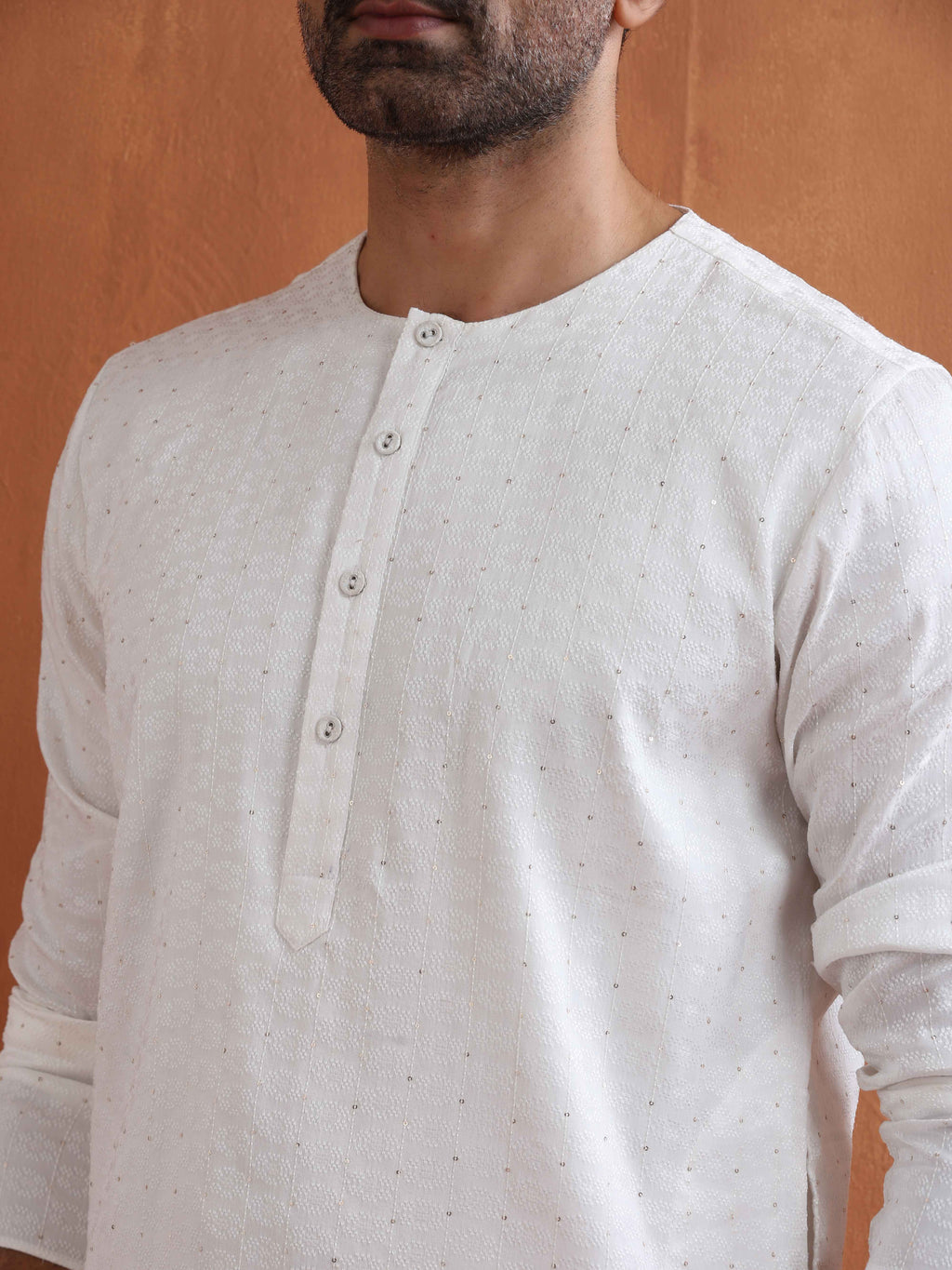 trueBrowns Men's Ivory Sequin Chanderi Kurta