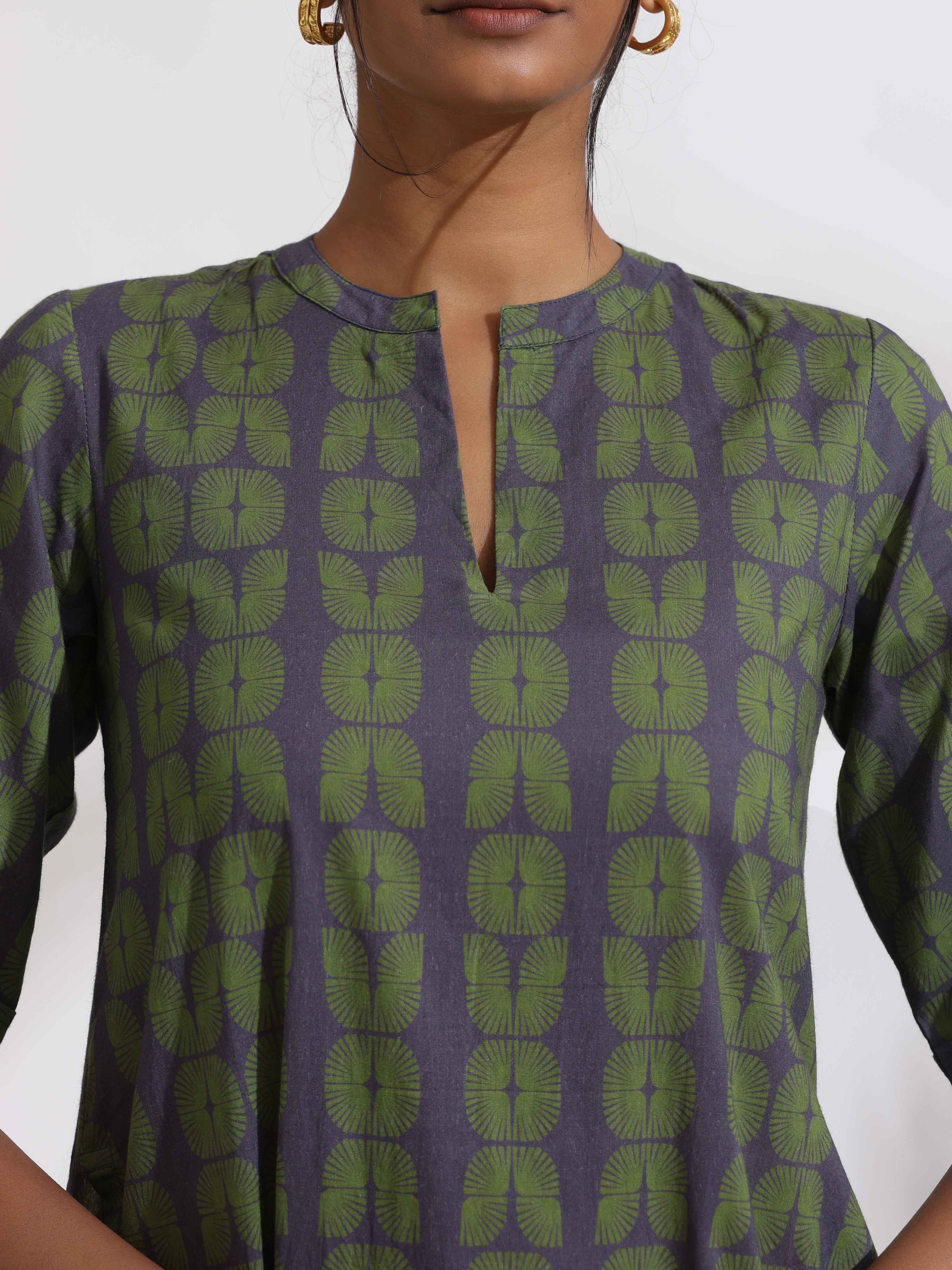 trueBrowns Grey Cotton Print Highlow Kurta Set - Distacart