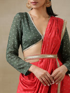trueBrowns Red Bandhani Printed Silk Skirt Stitched Saree with Belt