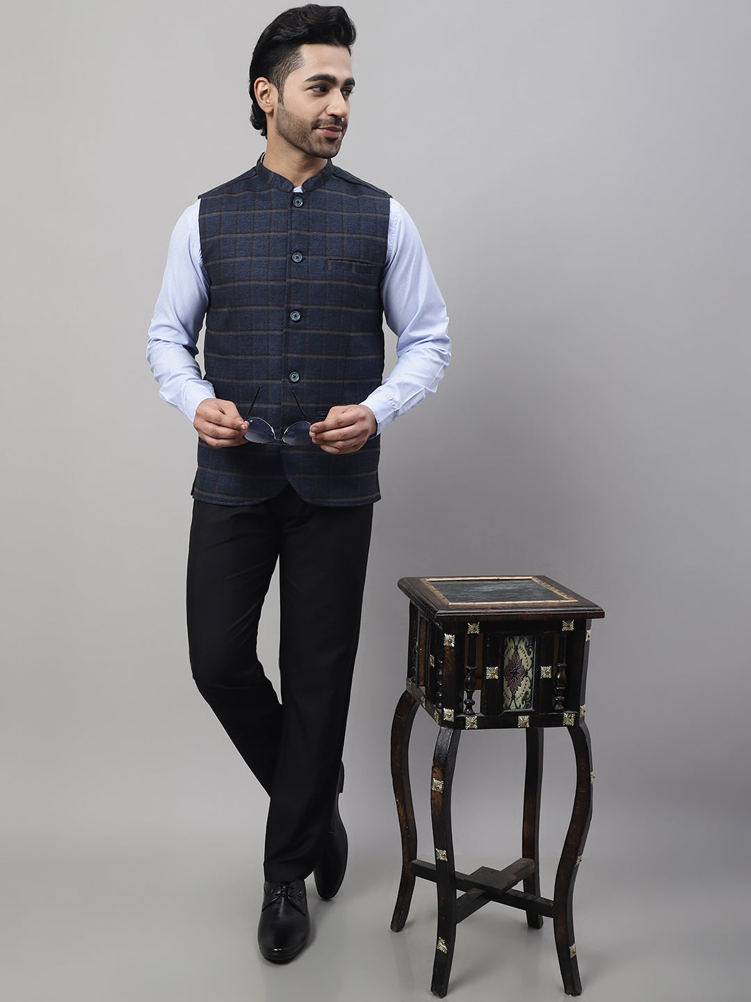 Even Apparels Men's Blue Nehru Jacket With Welt Pockets