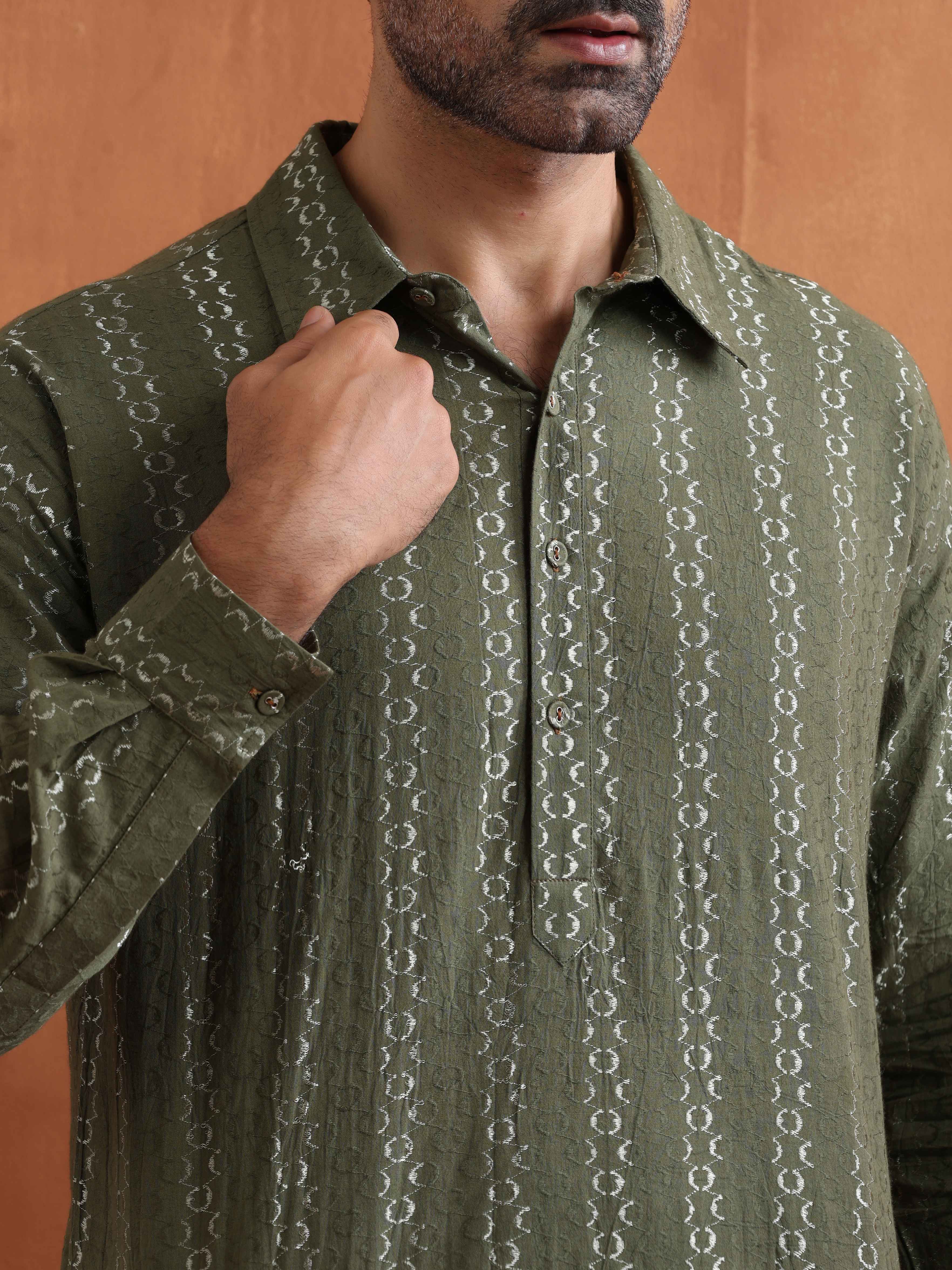 trueBrowns Men's Olive Green Cotton Dobby Short Kurta