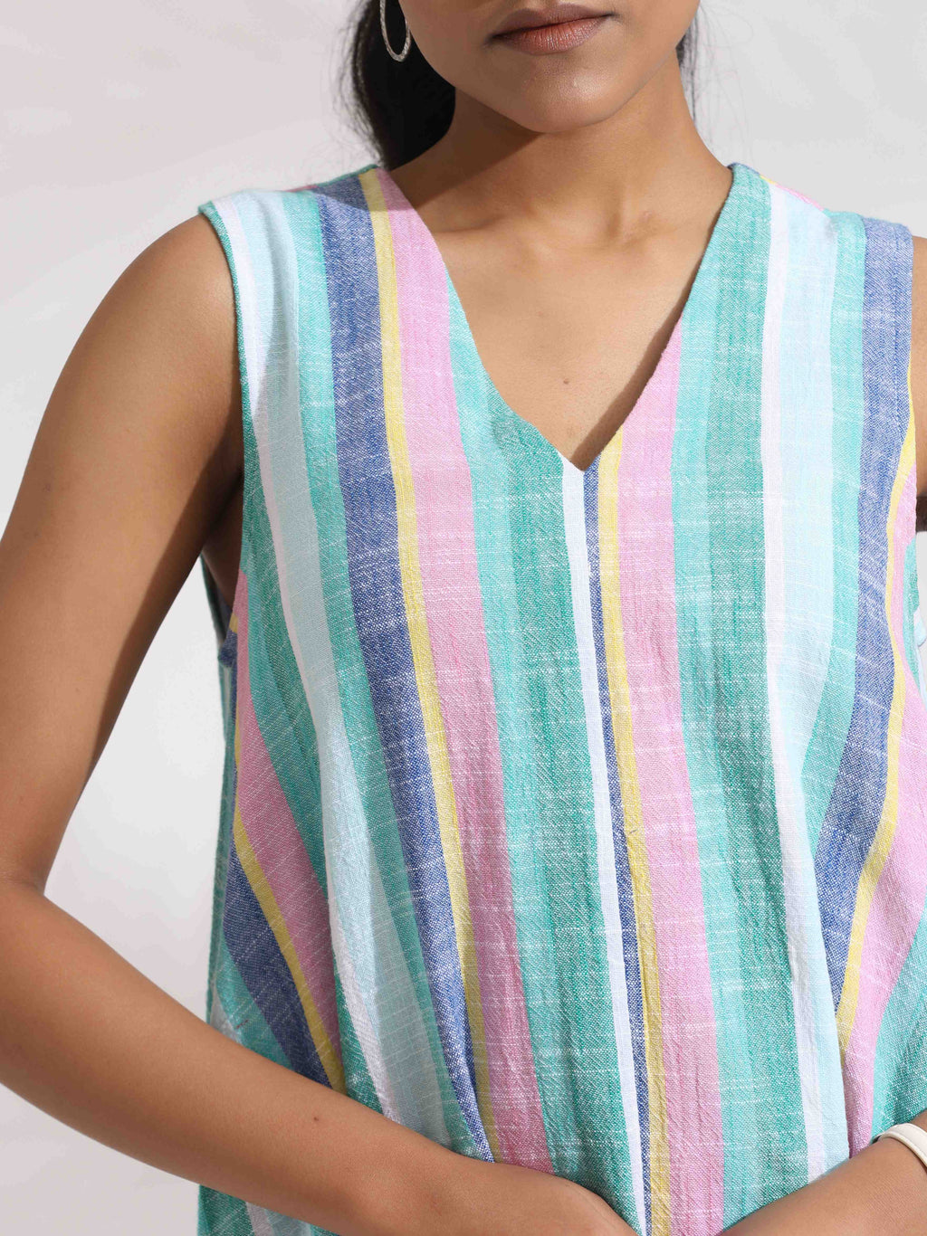 trueBrowns Green Cotton Multi Stripe Flared Dress - Distacart