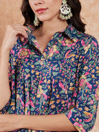 InWeave Women's Blue Green Pink Floral Print Flared Kurta Pant Set - Distacart