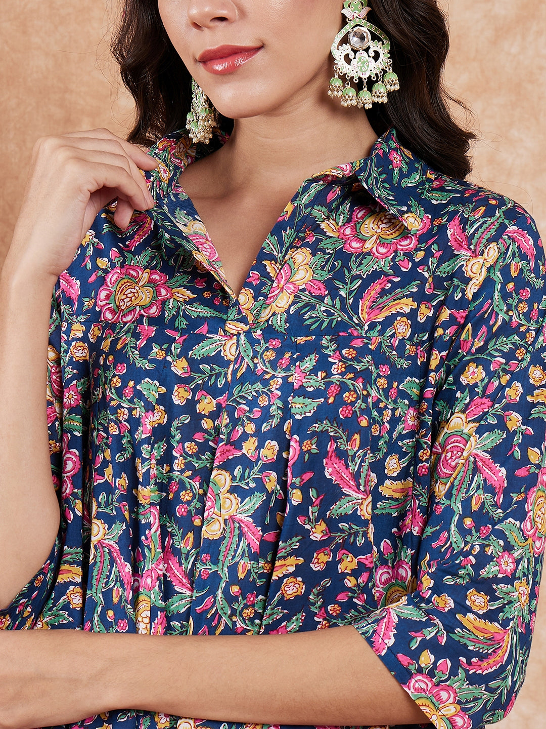 InWeave Women's Blue Green Pink Floral Print Flared Kurta Pant Set - Distacart