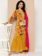 KSUT (House of Varanga) Yellow And Pink Floral Printed Round Neckline Kurta Having Gota Work On Yoke Nad Paired With Sharara And Contrast Pink Dupatta - Distacart