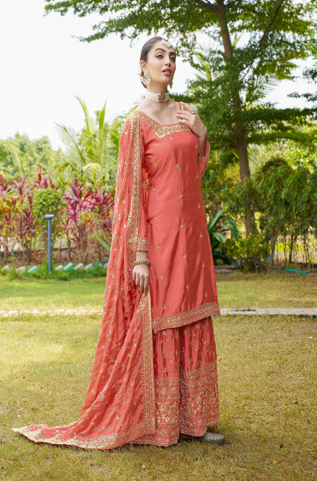 Teeya Creation Orange Color Chinon Silk Heavy Embroidery Work Fully Stitched Salwar Suit - Distacart