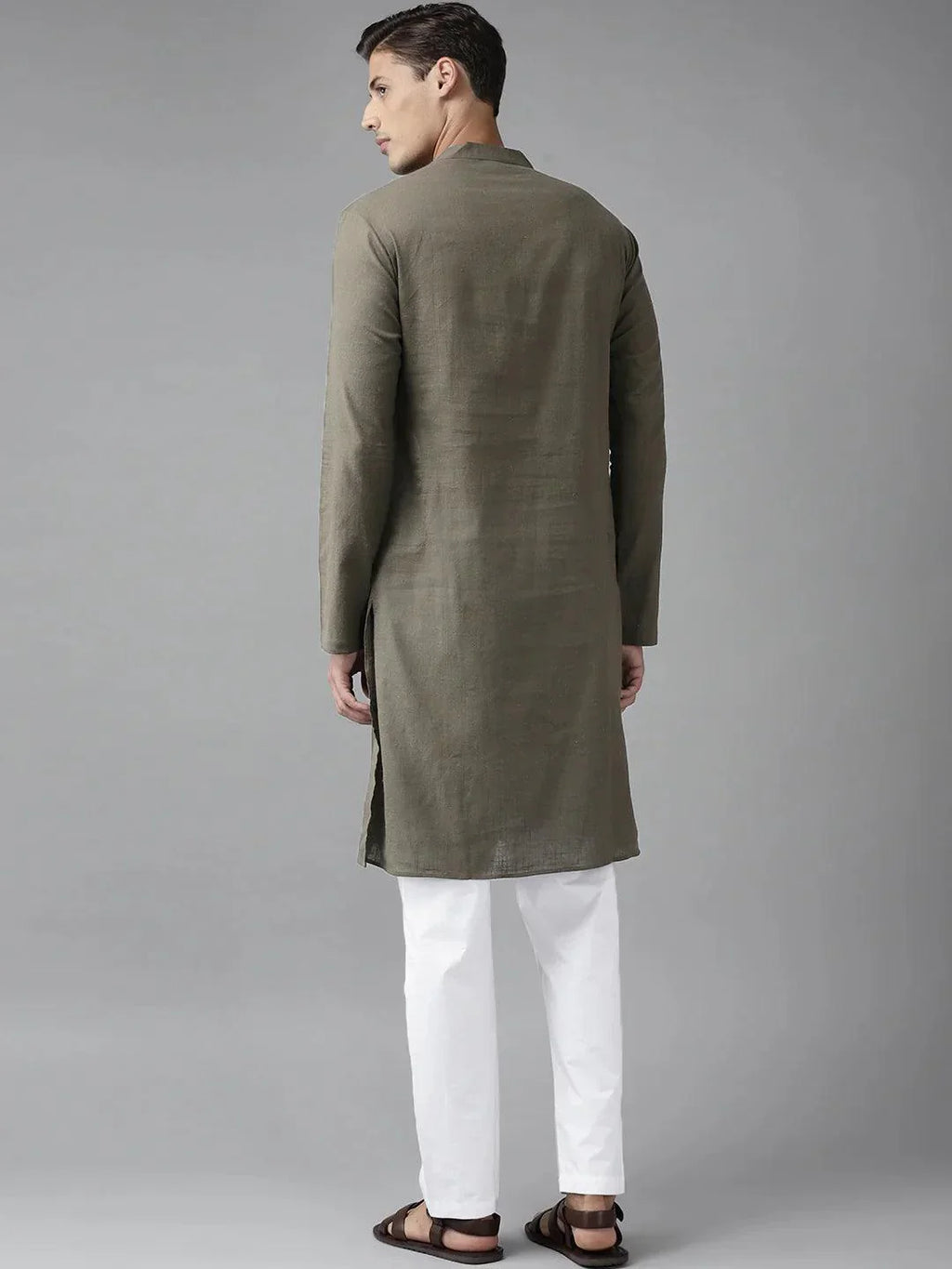 Fabmade Men Khaki Cotton Linen Kurta