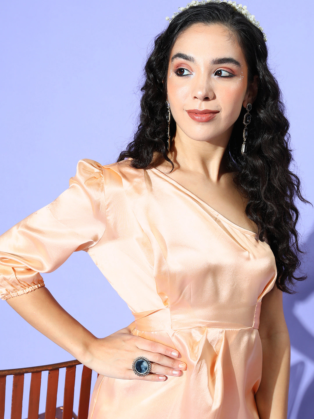 InWeave One Shoulder Satin Top In Peach Colour