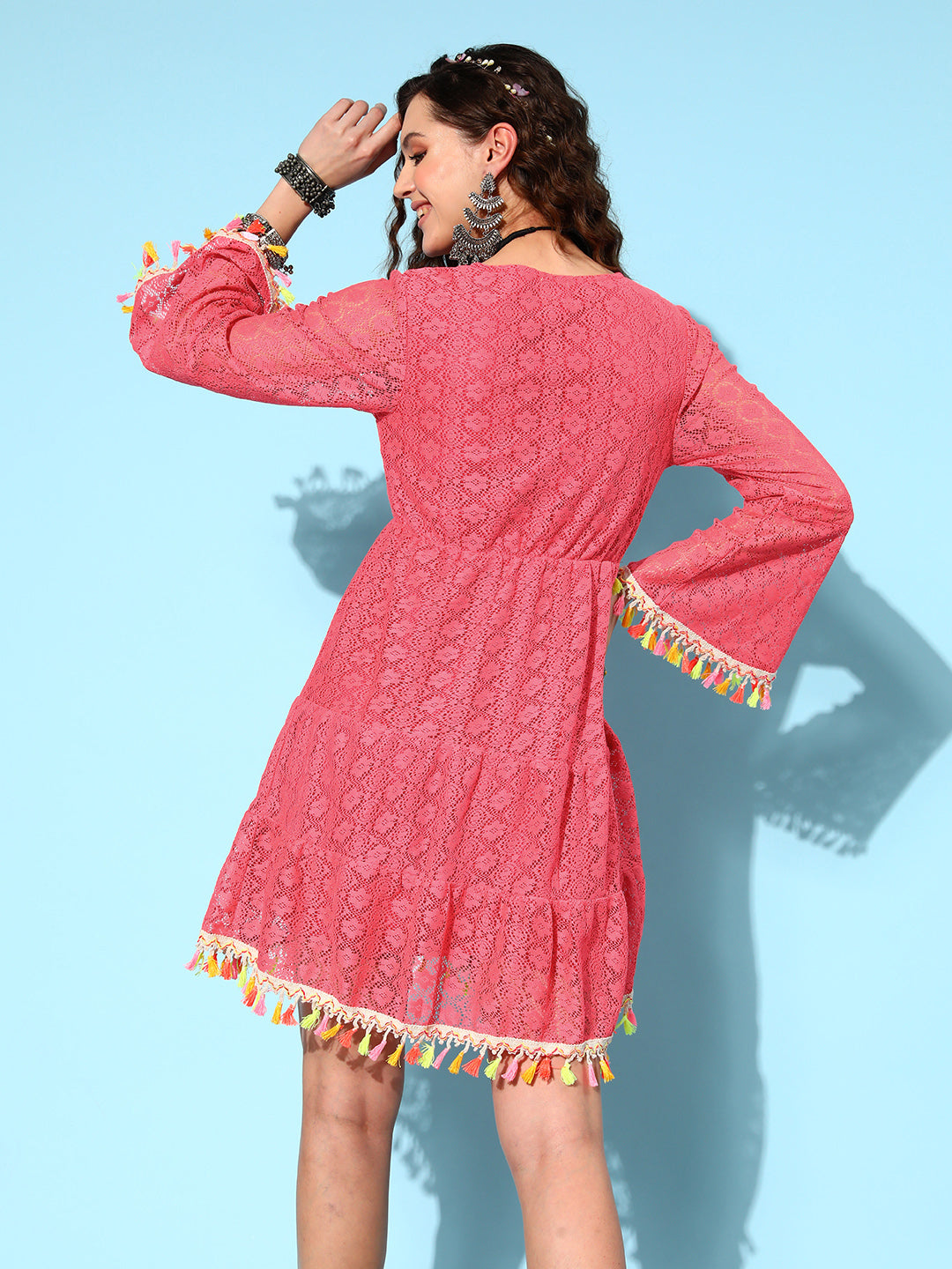 InWeave Women's Peach Lacy Dress With Tassels - Distacart