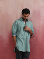 trueBrowns Men's Aqua Blue Cotton Shirt Collar Stylized Kurta