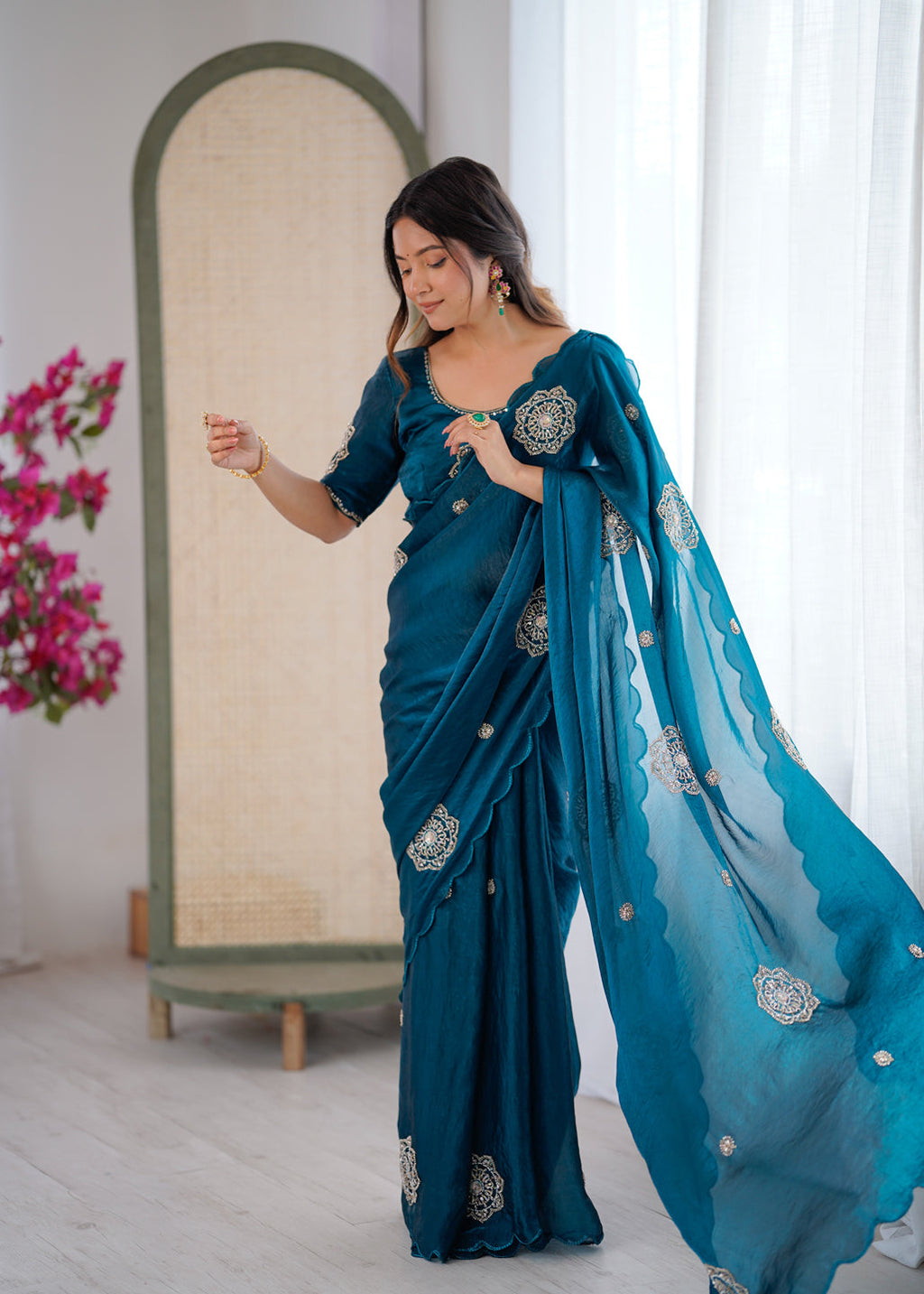 Evanik Designer Heavy Fendy Satin With Beads Embroidered Work Saree With Unstitched Blouse - Distacart