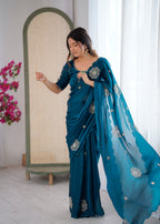 Evanik Designer Heavy Fendy Satin With Beads Embroidered Work Saree With Unstitched Blouse - Distacart