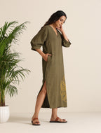 trueBrowns Olive Cotton Embroidered Dress - Distacart
