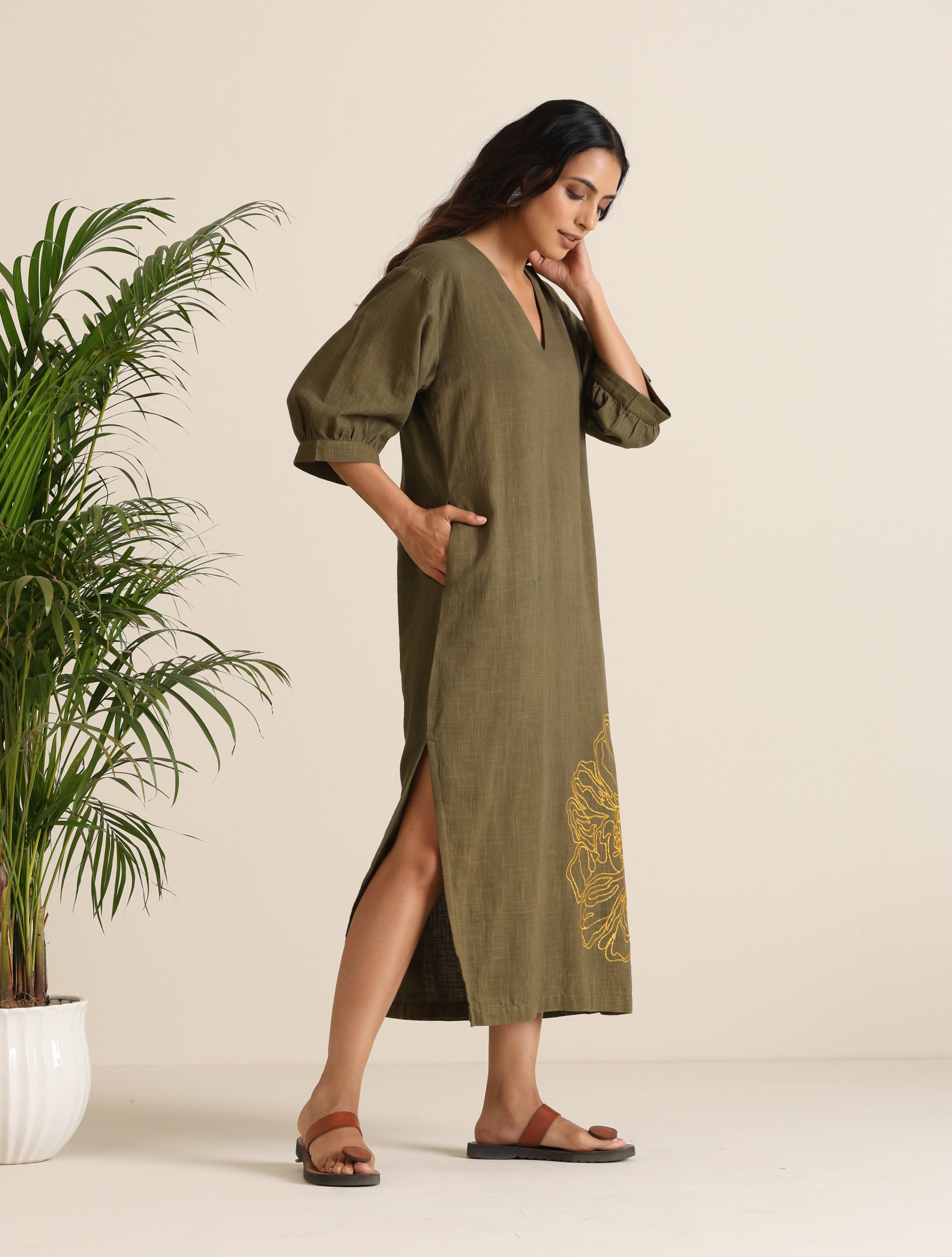 trueBrowns Olive Cotton Embroidered Dress - Distacart