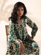 trueBrowns Green Cotton Ikat Flared Dress - Distacart
