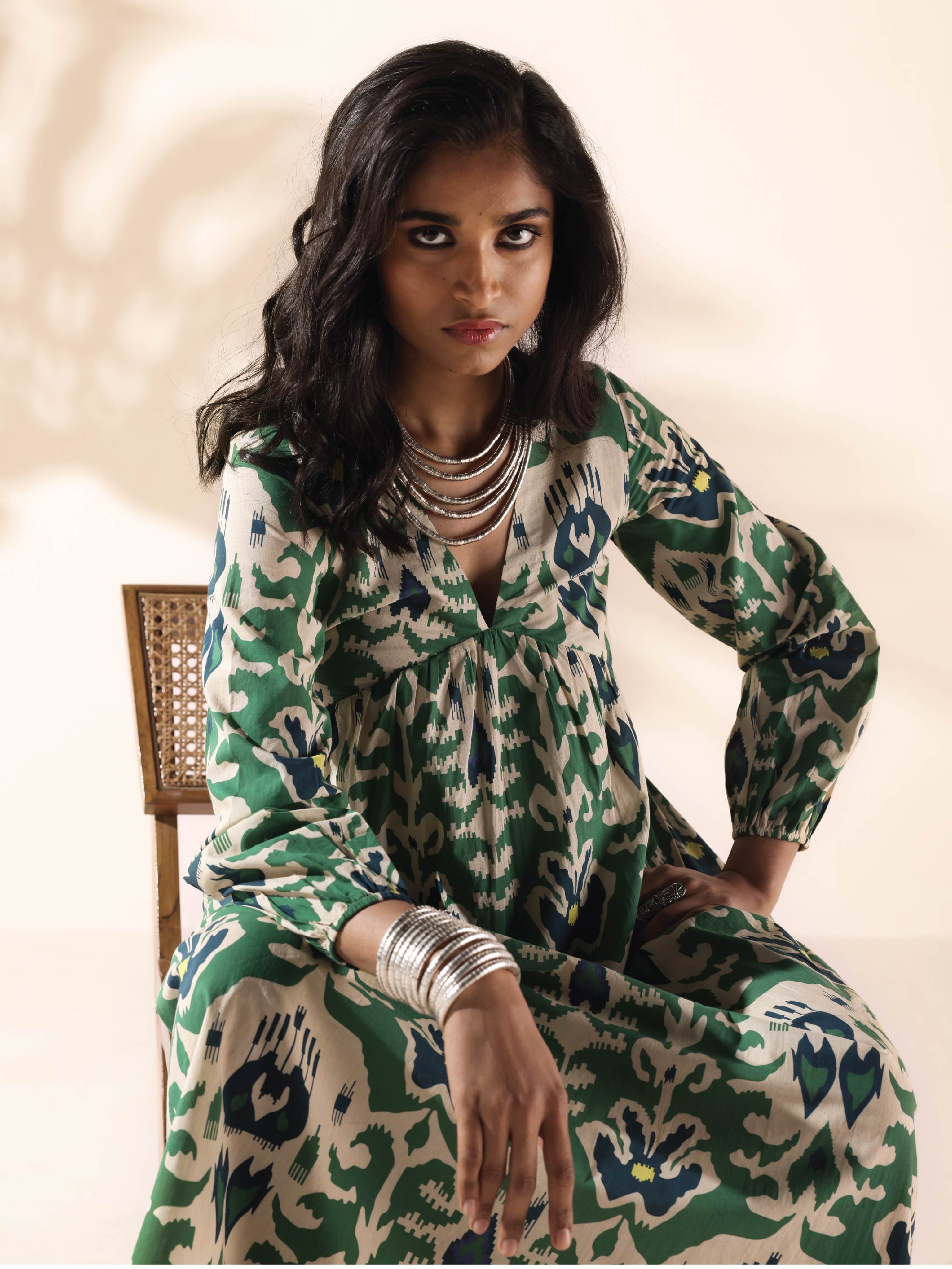 trueBrowns Green Cotton Ikat Flared Dress - Distacart