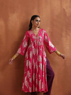 trueBrowns Pink Metallic Flared Anarkali Kurta Set - Distacart