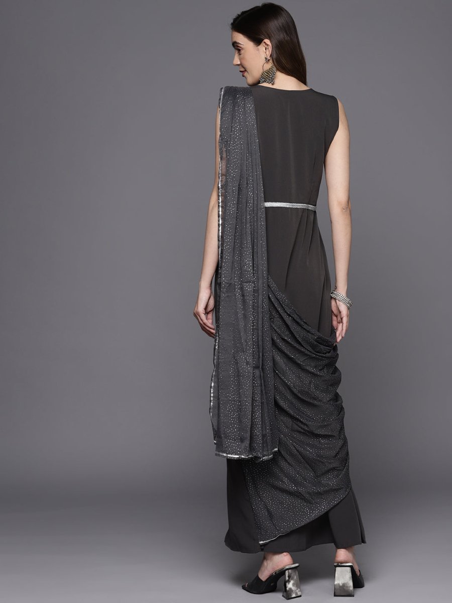 Ahalyaa Abstract Print Layered Crepe Ethnic Dress - Distacart