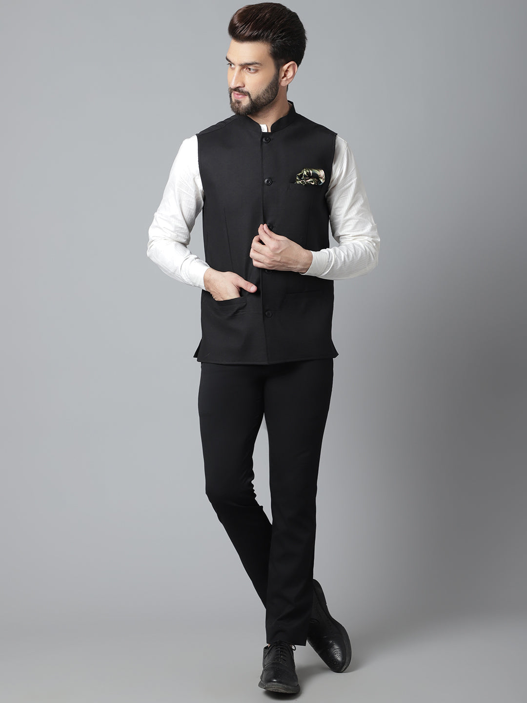 Even Apparels Men's Black Nehru Jacket With Welt Pockets