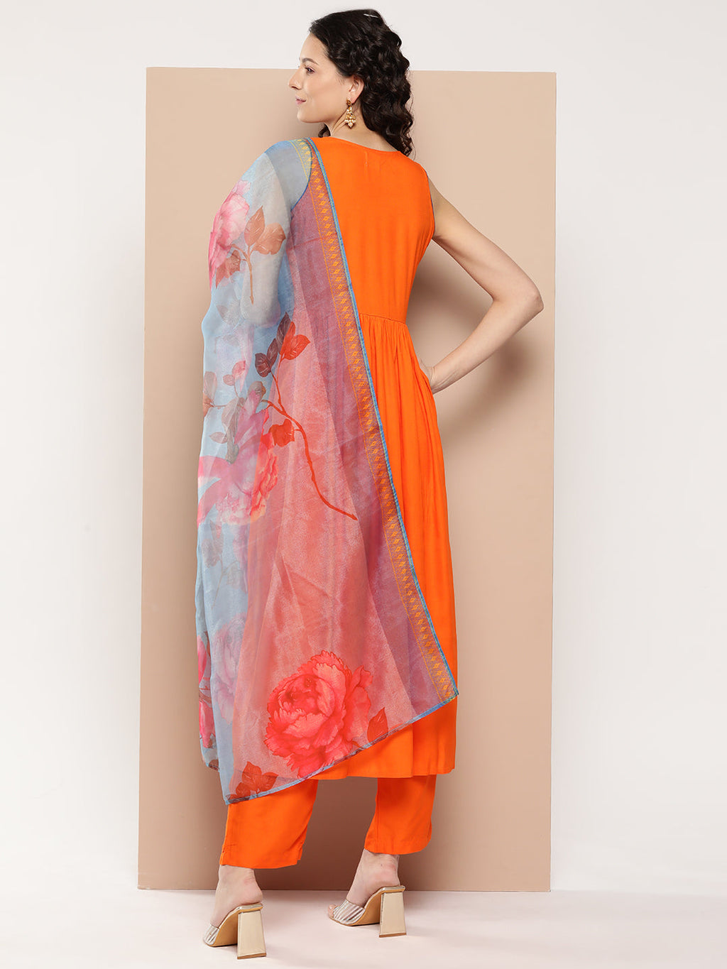 InWeave Women's Orange Mirror Work Aline Strappy Kurta Set Blue Fuchsia Or Dupatta