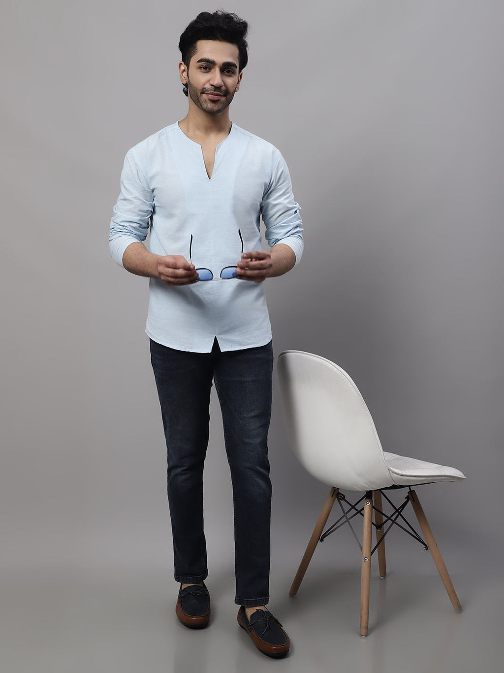 Even Apparels Blue Pure Cotton Open Neck Kurta - Distacart