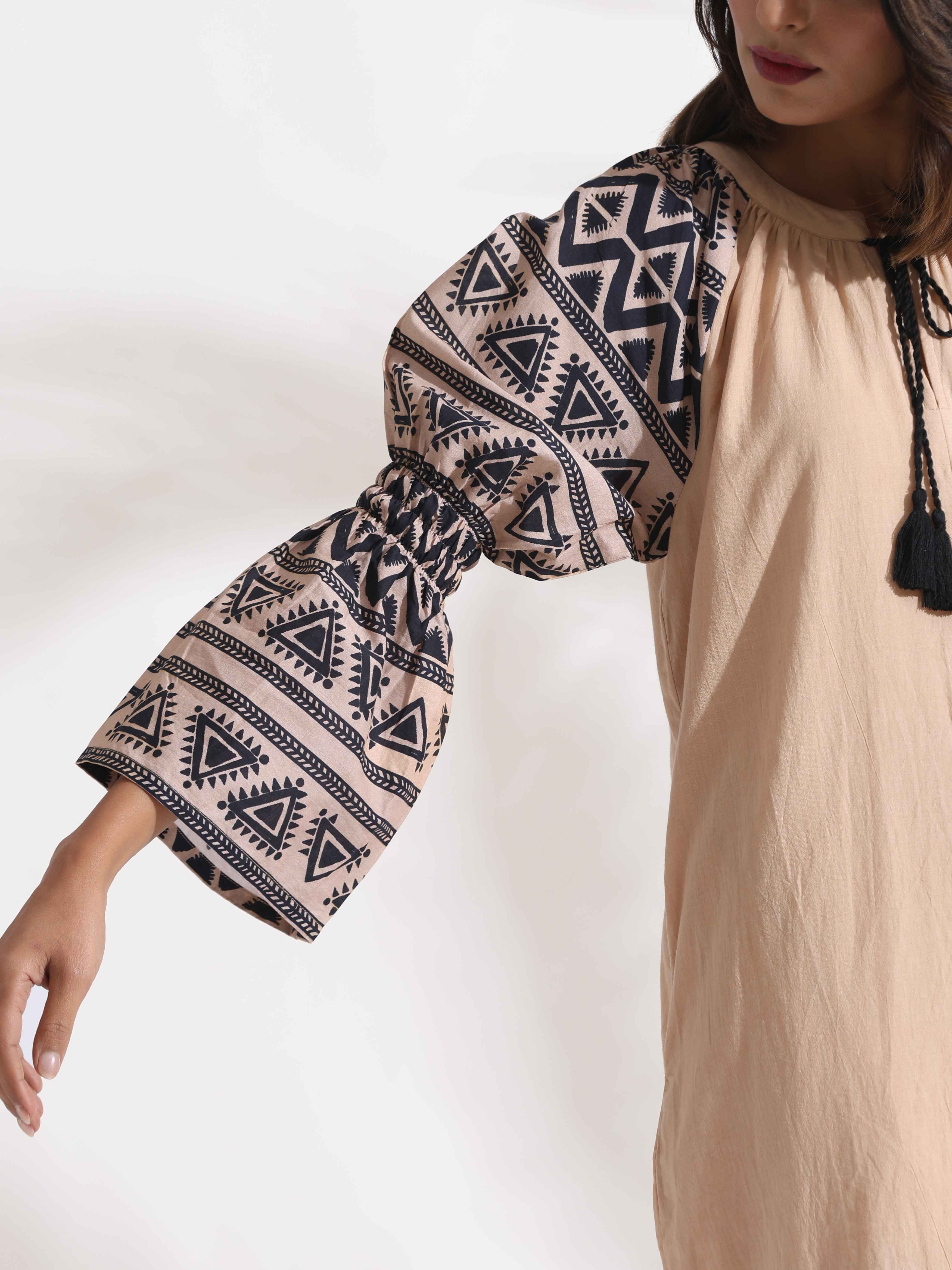trueBrowns Beige Cotton Print Long Dress - Distacart