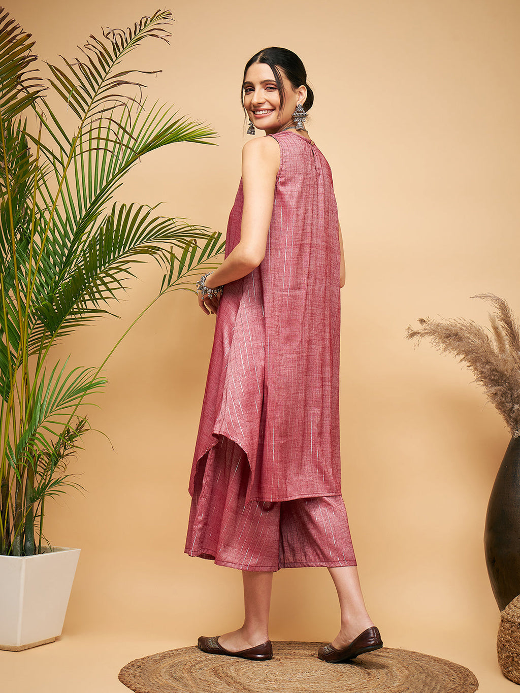 InWeave Women's Wine Lurex Short Pallazo Kurta Set