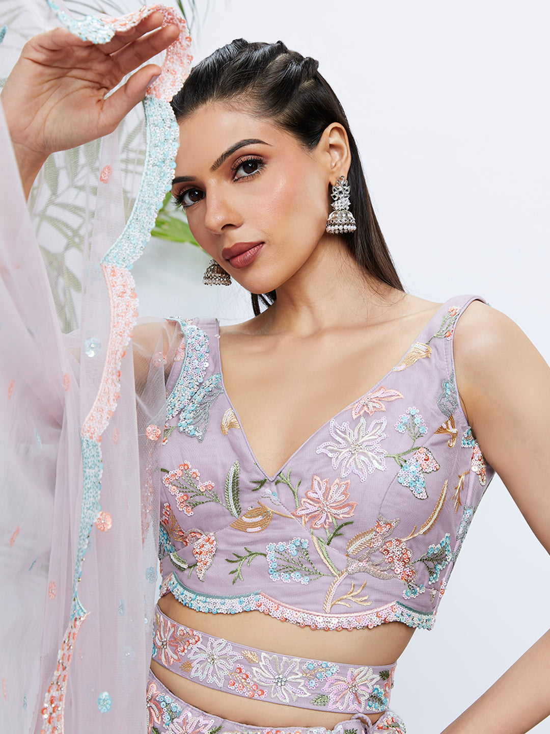 House of Panchhi Pink Chiffon Sequins And Thread Embroidery Lehenga Choli & Printed Dupatta