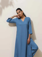 trueBrowns Blue Viscose Kurta Pant Set - Distacart