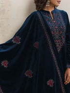 trueBrowns Blue Velvet Floral Embroidered Kurta Pant Dupatta Set - Distacart