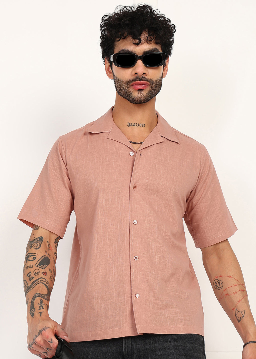 Fabmade Men’S Peach Linen Short-Sleeve Shirt