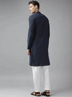 Fabmade Men Navy Blue Cotton Linen Kurta