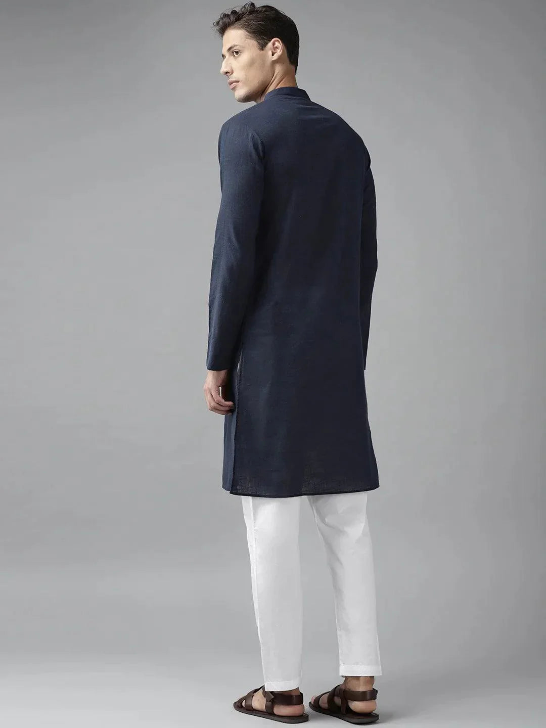 Fabmade Men Navy Blue Cotton Linen Kurta