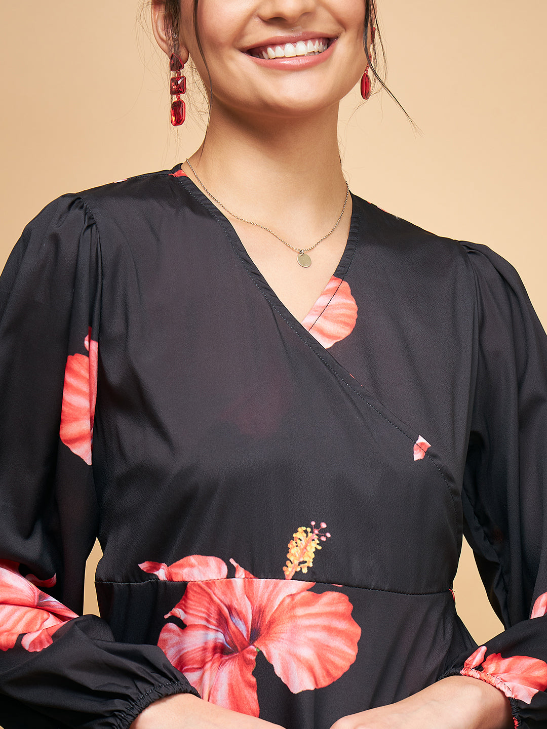 InWeave Women's Black Red Big Flower Belted Dress - Distacart