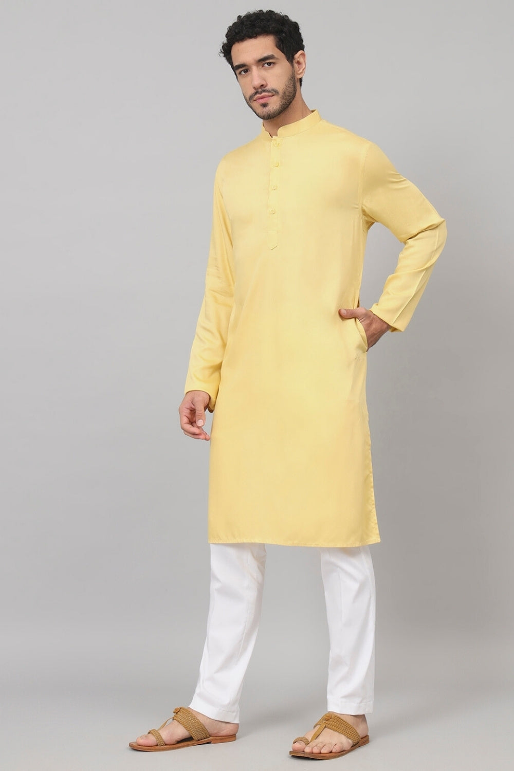 Giza Cotton Yellow Plain Kurta by Hilo Design