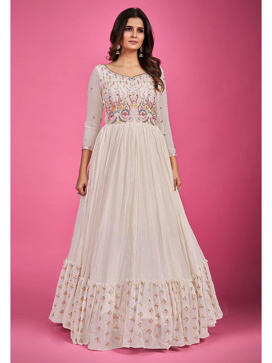 Myra White Pure Georgette Embroidered Gown - Distacart