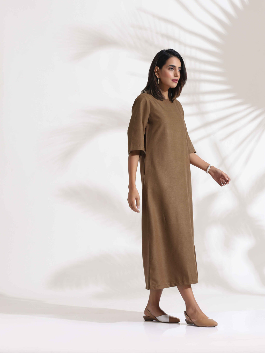 trueBrowns Brown Slub Dress - Distacart