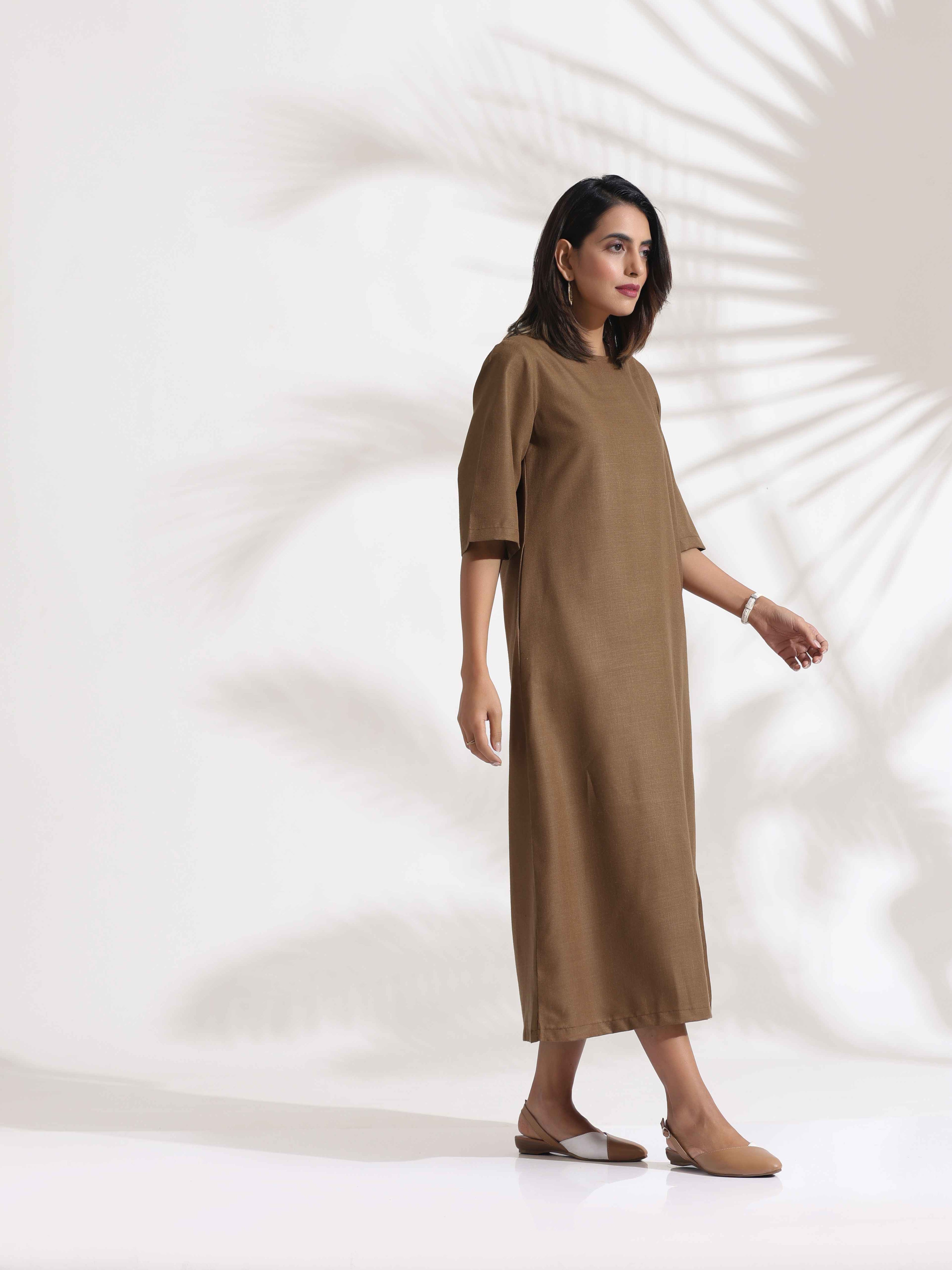 trueBrowns Brown Slub Dress - Distacart